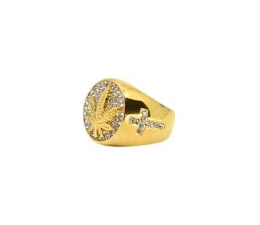 Bague Chevalière Dorée Feuille de Cannabis Strass