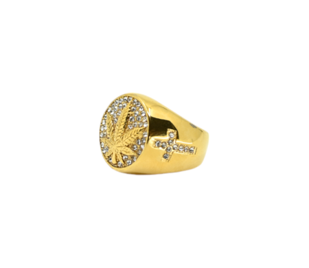 Bague Chevalière Dorée Feuille de Cannabis Strass