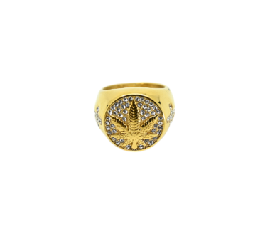 Bague Chevalière Dorée Feuille de Cannabis Strass