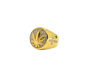 Bague Chevalière Dorée Feuille de Cannabis Strass