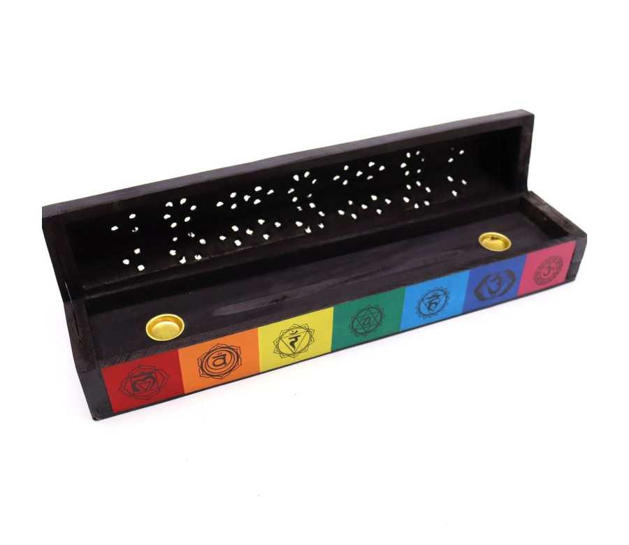 Boîte Porte-Encens 7 Chakras Bois Manguier | Brûleur Spirituel 30cm