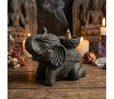 Porte-Encens Éléphant Noir Antique en Béton 14cm | Brûleur d'Encens Décoratif
