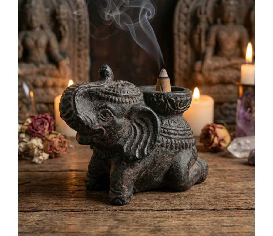 Porte-Encens Éléphant Noir Antique en Béton 14cm | Brûleur d'Encens Décoratif