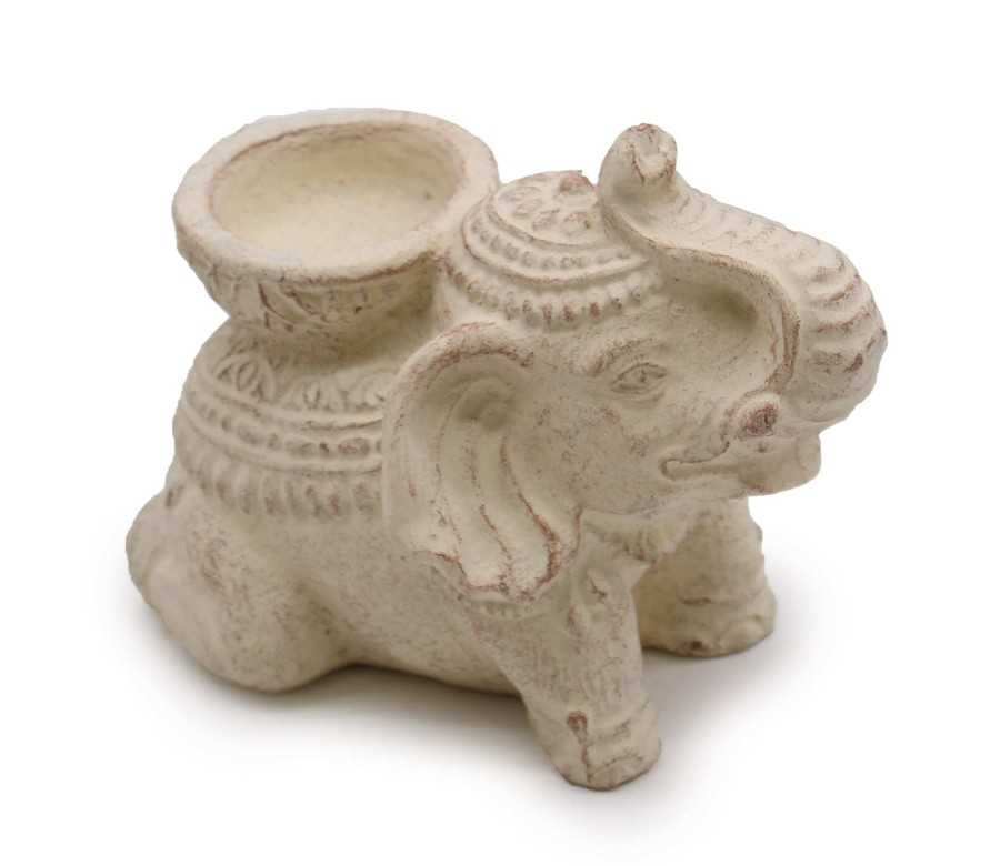 Porte-Encens Éléphant Béton Crème 14cm | Brûleur Encens et Bougie