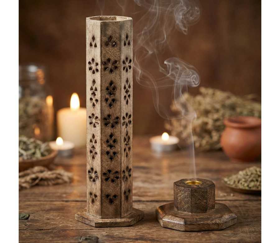 Tour à Encens Hexagonale Bois de Manguier | Porte-encens Artisanal Indien Tour à Encens Hexagonale Bois de Manguier | Porte-encens Artisanal Indien