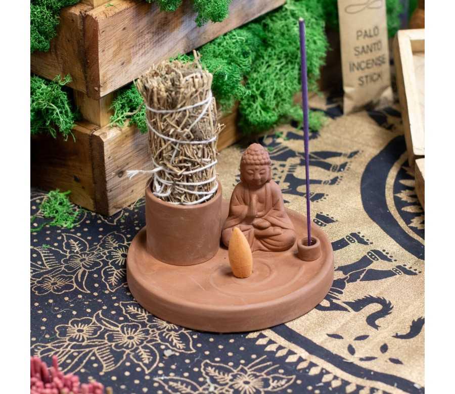 Plateau d'Encens Bouddha Céramique Terre Cuite | Porte-Encens Méditation