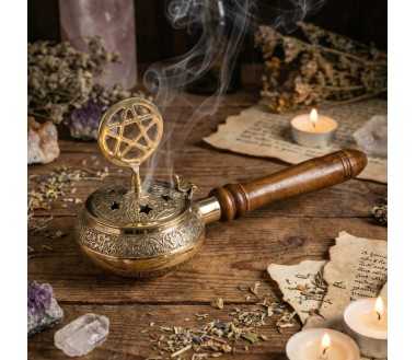 Encensoir Pentagramme Laiton et Bois | Brûleur Encens Traditionnel