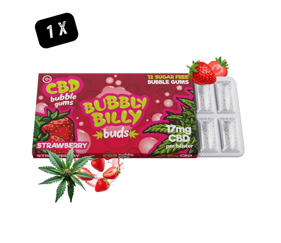 Chewing-gum CBD Fraise Bubbly Billy 17mg - Pack de 12 gommes sans sucre